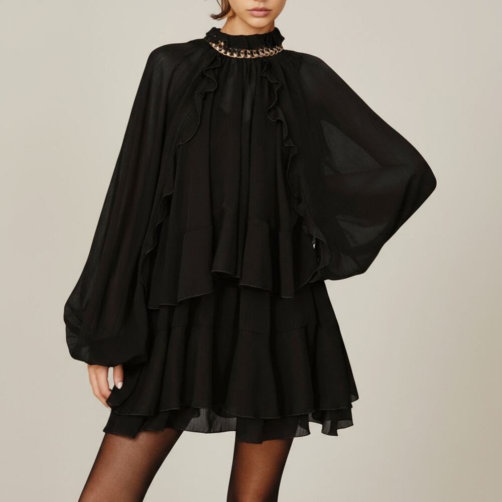 Commense Black Chiffon Ruffle Mini Dress Long Sleeve Cape Overlay – Size L - Picture 3 of 6